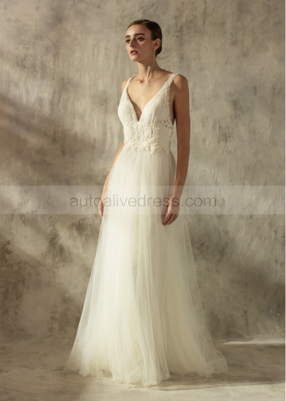 V Neck Ivory Lace Tulle Velvet Flowers Wedding Dress